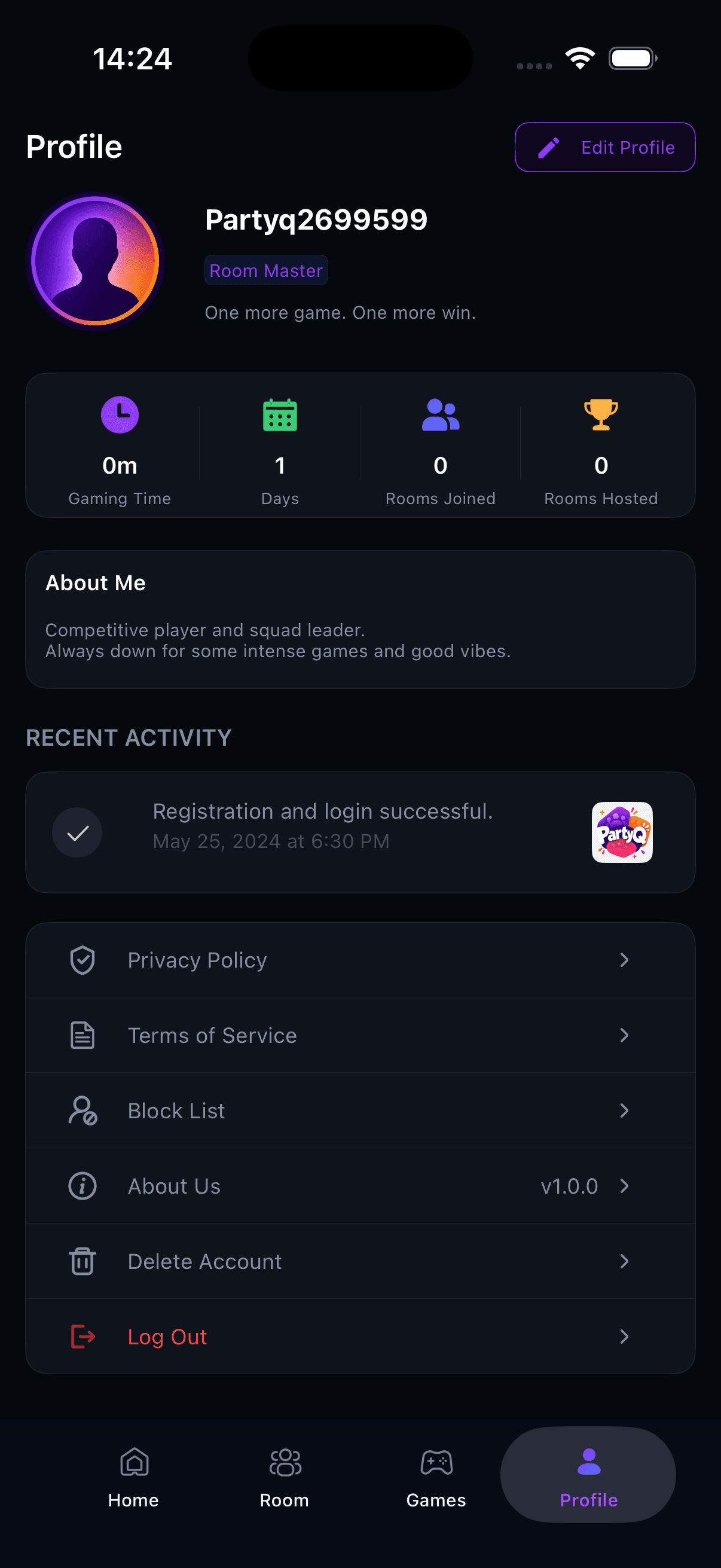 PartyQ Profile screen with gaming time and room activity