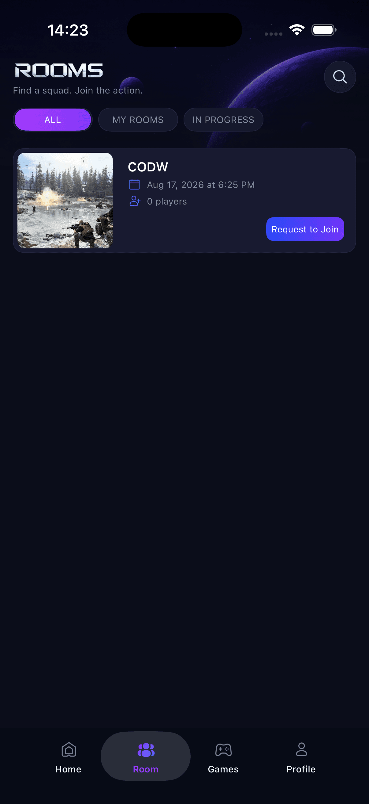 PartyQ Rooms screen showing game rooms and player counts